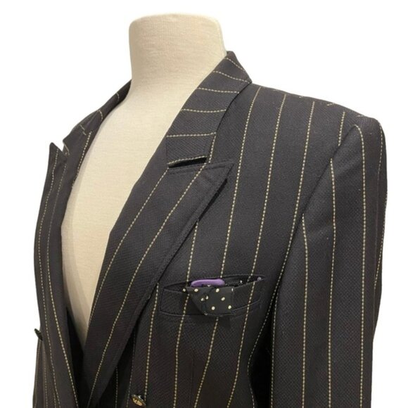 Vintage Basler blazer jacket black gold stripes 100% wool double breasted size10 - Picture 2 of 13